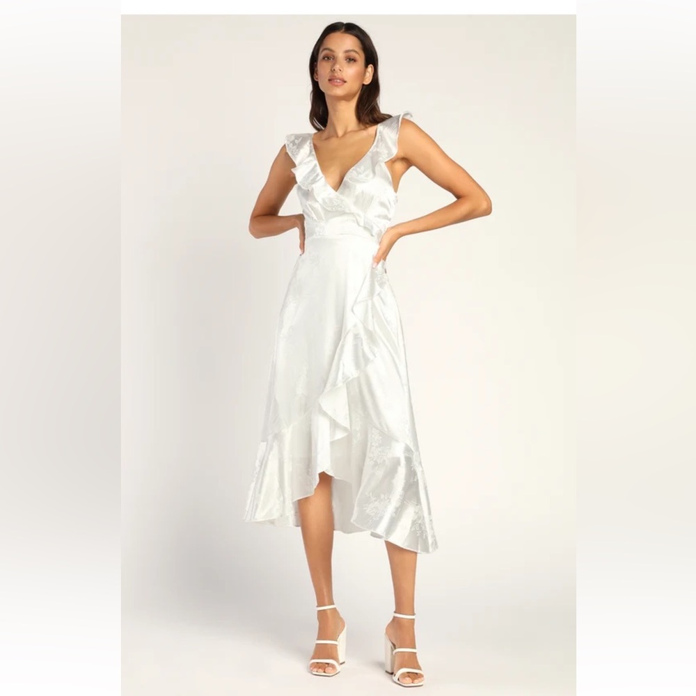 LULUS White Satin Floral Jacquard Wrap Dress